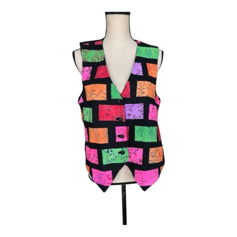 Vintage 80s Pink and Green All Cat Print Asymmetrical Graphic Vest Size M/L